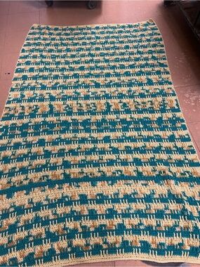 Handmade Teal and Cream large Crochet Blanket